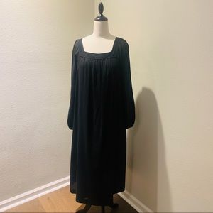 HANAE MORI- Vintage 1970s Black Midi Dress 
Square Neck Sheer